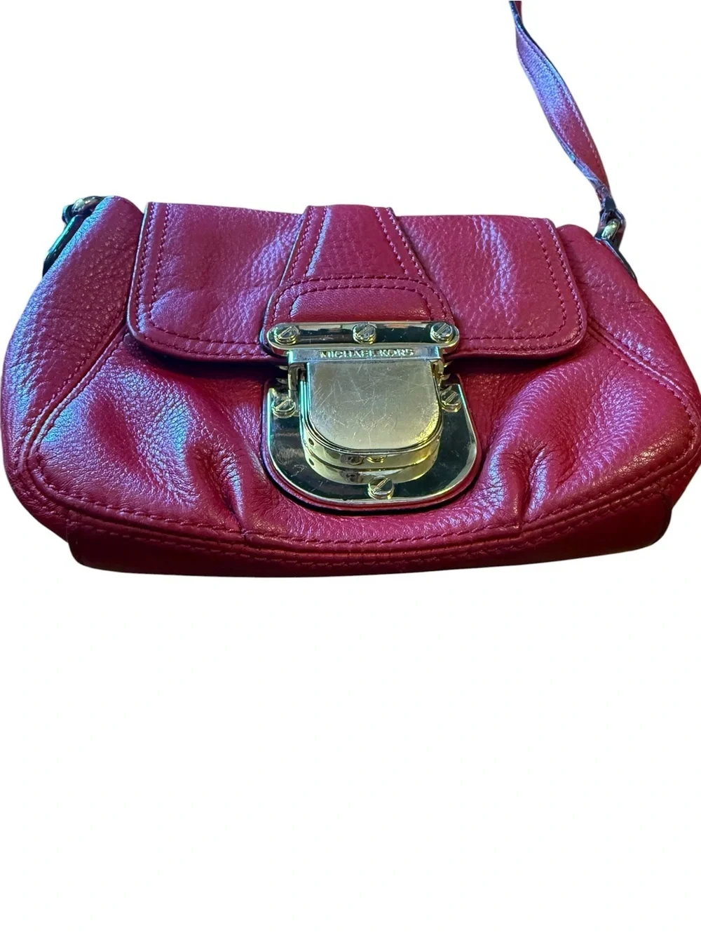 Michael KORS Crimson Leather Crossbody with Gold Push-Lock